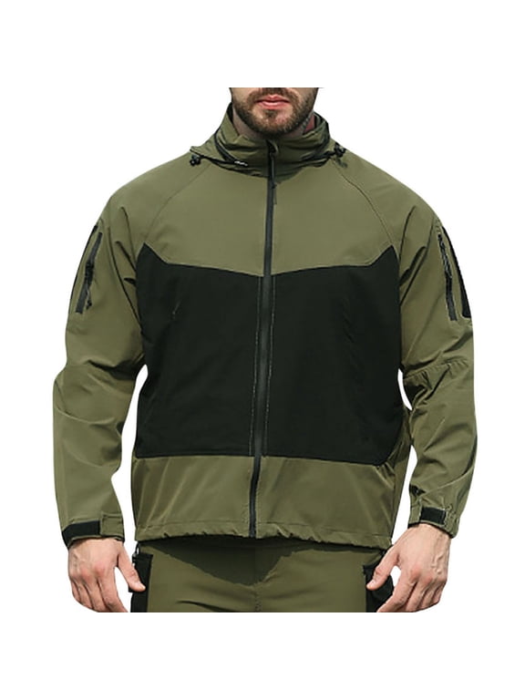Windbreakers for Men Fashion Casual Camouflage Windproof Warm Jacket Long Sleeve Hooded Casual Outwear Green 2XL Men's Windbreaker Jacket