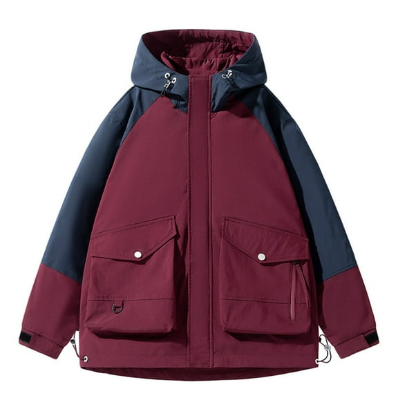 Windbreakers for Men Man Color Match Pockets Zipper Hooded Workwear Outdoor Jacket Wine M Mens Windbreaker