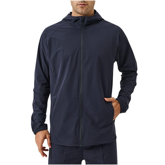 Windbreakers for Men Solid Color Outdoor Climb Sport Run Pocket Zipper Long Sleeved Hooded Navy XL Mens Windbreaker