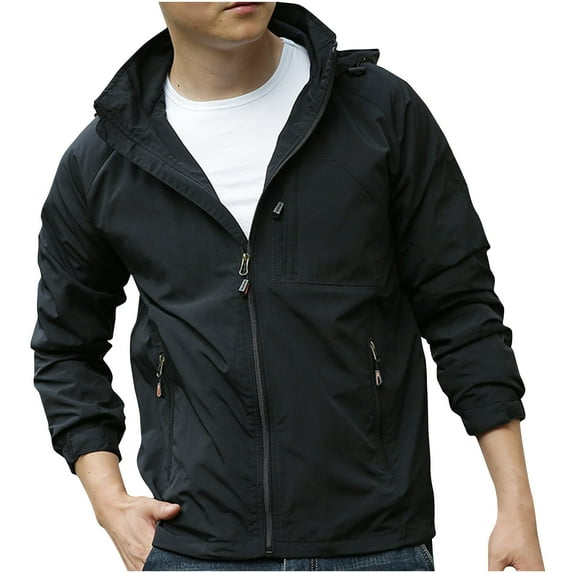 Windbreakers for Men Solid Color Outdoor Water Proofing Pocket Zipper Long Sleeved Detachable Hooded Jacket Black M Windbreaker Jacket Men's