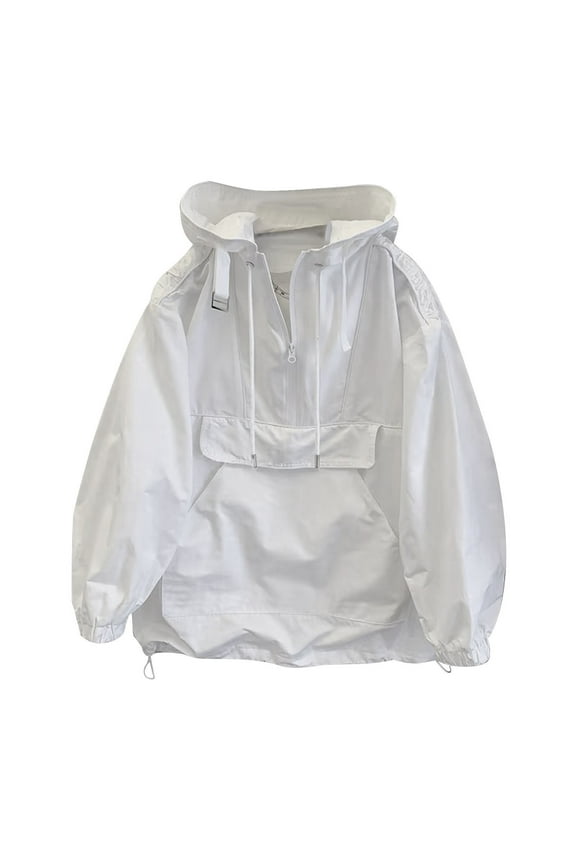 Windbreakers for Men Unisex Casual Solid Thicken Pockets Half Zipper Long Sleeve Hooded Jacket White XL Mens Windbreaker