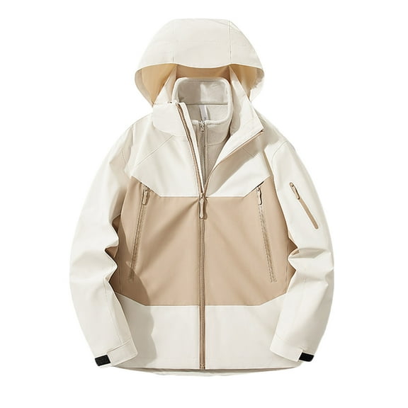 Windbreakers for Men Winter Casual Patchwork Hooded Zipper Pockets Long Sleeve Coat Jacket Beige M Windbreaker Jacket Men's