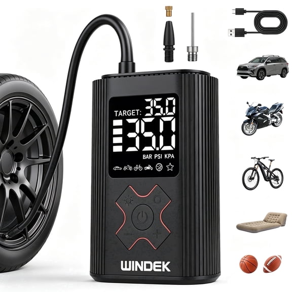 WINDEK Portable Tire Inflator, 150PSI Cordless Car Tire Pump with Digital Gauge, Rechargeable Air Compressor with LED Light, Auto Shut Off for Car, Bike, Motorcycle, Ball
