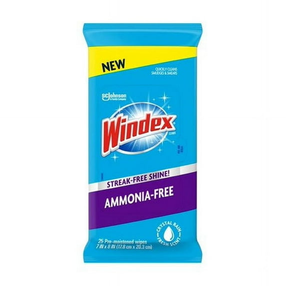 Windex Wipes Glass Cleaning Ammonia Free, Pre-Moistened Wipes for Cleaning All Glass Surfaces, Crystal Rain Fresh Scent, 25 Count