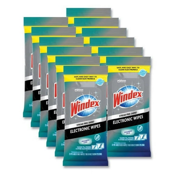 Windex Electronics Cleaner, 1-Ply, 7 x 10, Neutral Scent, White, 25/Pack, 12 Packs/Carton