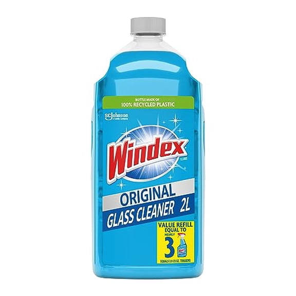 Windex Glass Cleaner Spray Refill, Original Blue Window Cleaner Works on Smudges and Fingerprints, Bottle Made from 100% Recovered Coastal Plastic, 2L