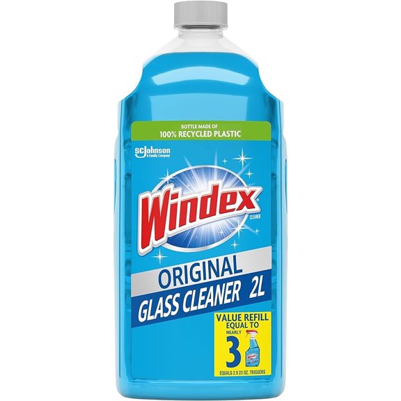 Windex Glass Cleaner Spray Refill, Original Blue Window Cleaner Works on Smudges and Fingerprints, Bottle Made from 100% Recovered Coastal Plastic, 2L