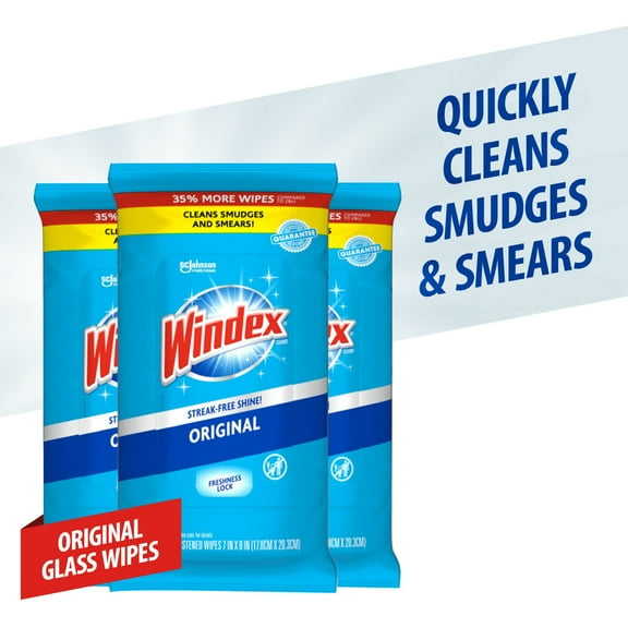 Windex Glass Window and Surface Pre-Moistened Wipes, Original, 38 Wipes, 3 Count Pack (114 Wipes Total)