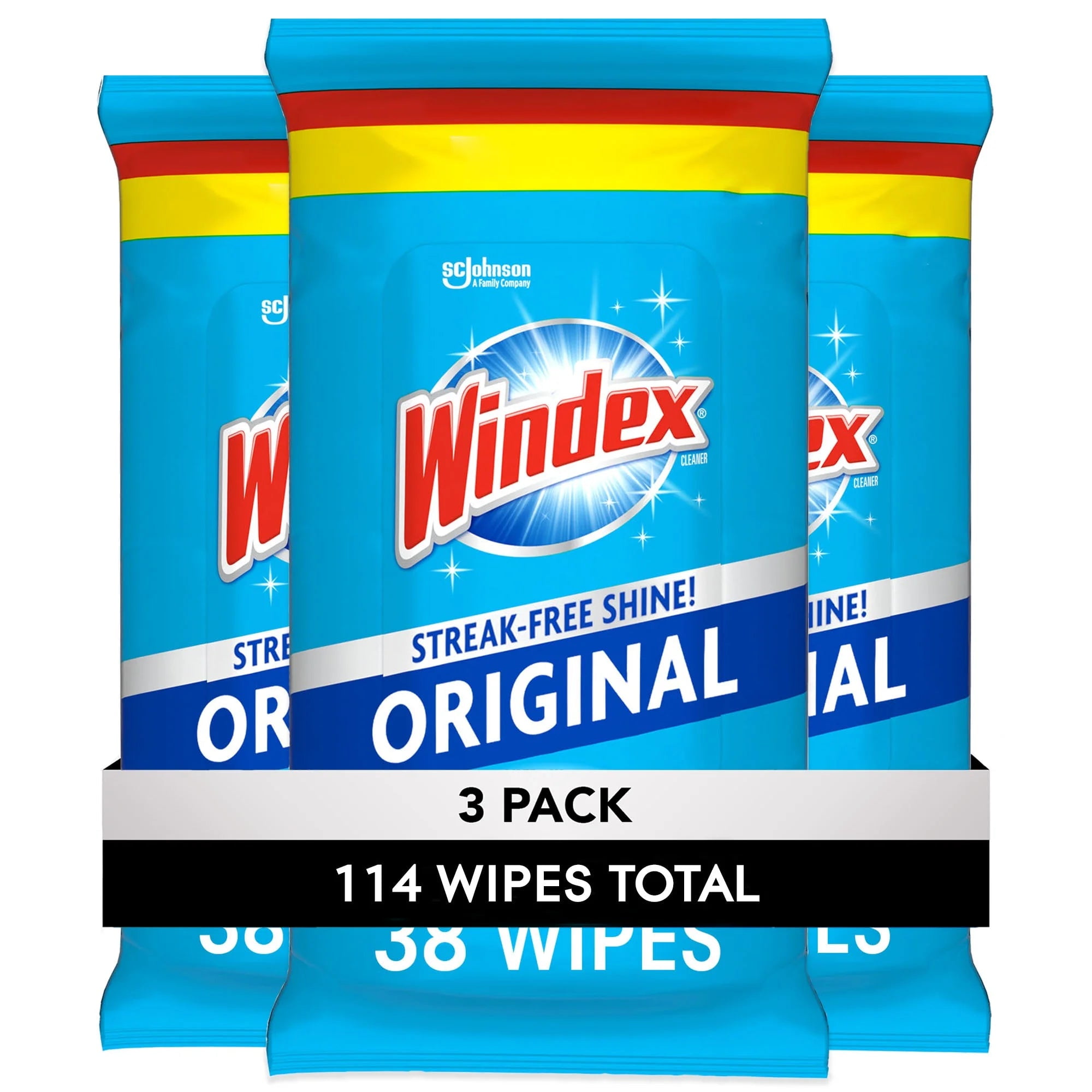 Windex Glass Window and Surface Household Clear Cleaning Wipes, Original, 38 Ct (Pack of 3)