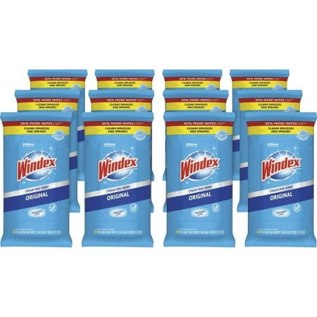 Windex Glass and Surface Wet Wipe, Cloth, 7 x 8, Unscented, White, 38/Pack, 12 Packs/Carton
