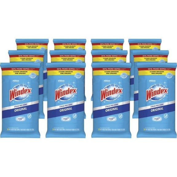 Windex Glass and Surface Wet Wipe, Cloth, 7 x 8, Unscented, White, 38/Pack, 12 Packs/Carton