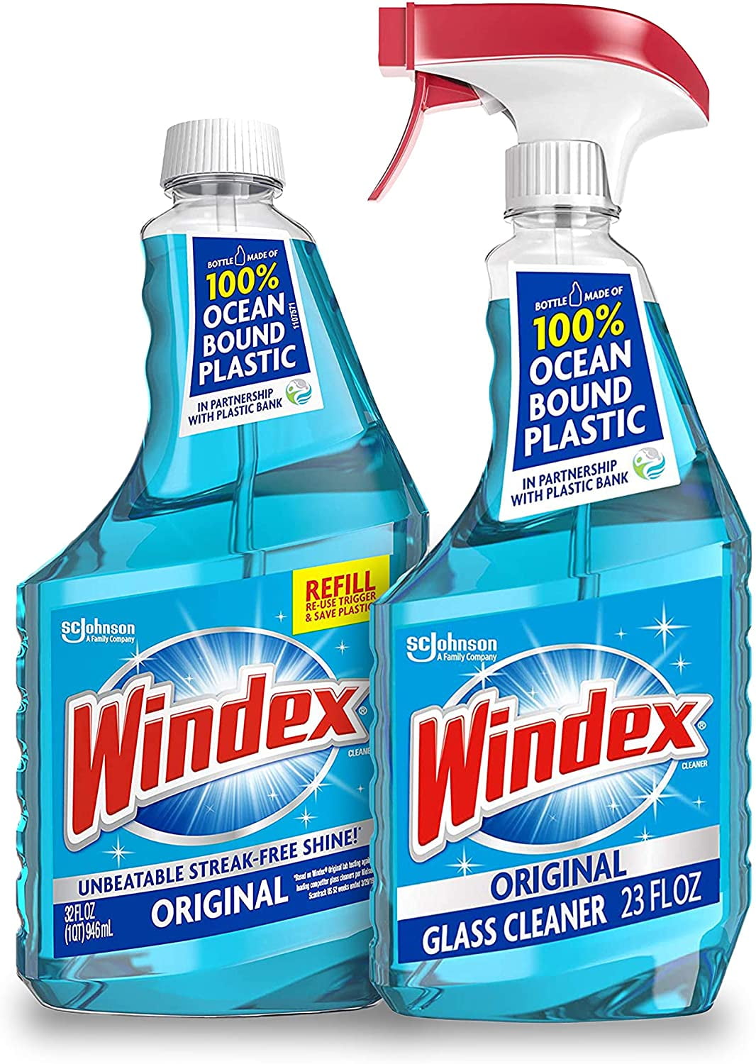 Windex Original Blue Glass and Window Cleaner Bundle - Includes a 23 fl oz Spray and a 32 fl oz Refill, Bottles Made from 100% Recycled Plastic