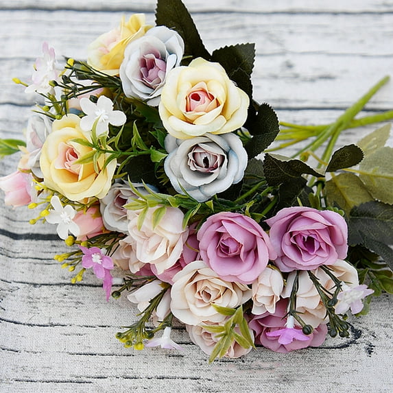 Windfall 15 Stems Silk Roses Long Stem Artificial Faux Flowers for Wedding Bouquet Centerpieces Party Cake Decoration Bouquet European Style Artificial Royal Rose Home Room Decor Flowers