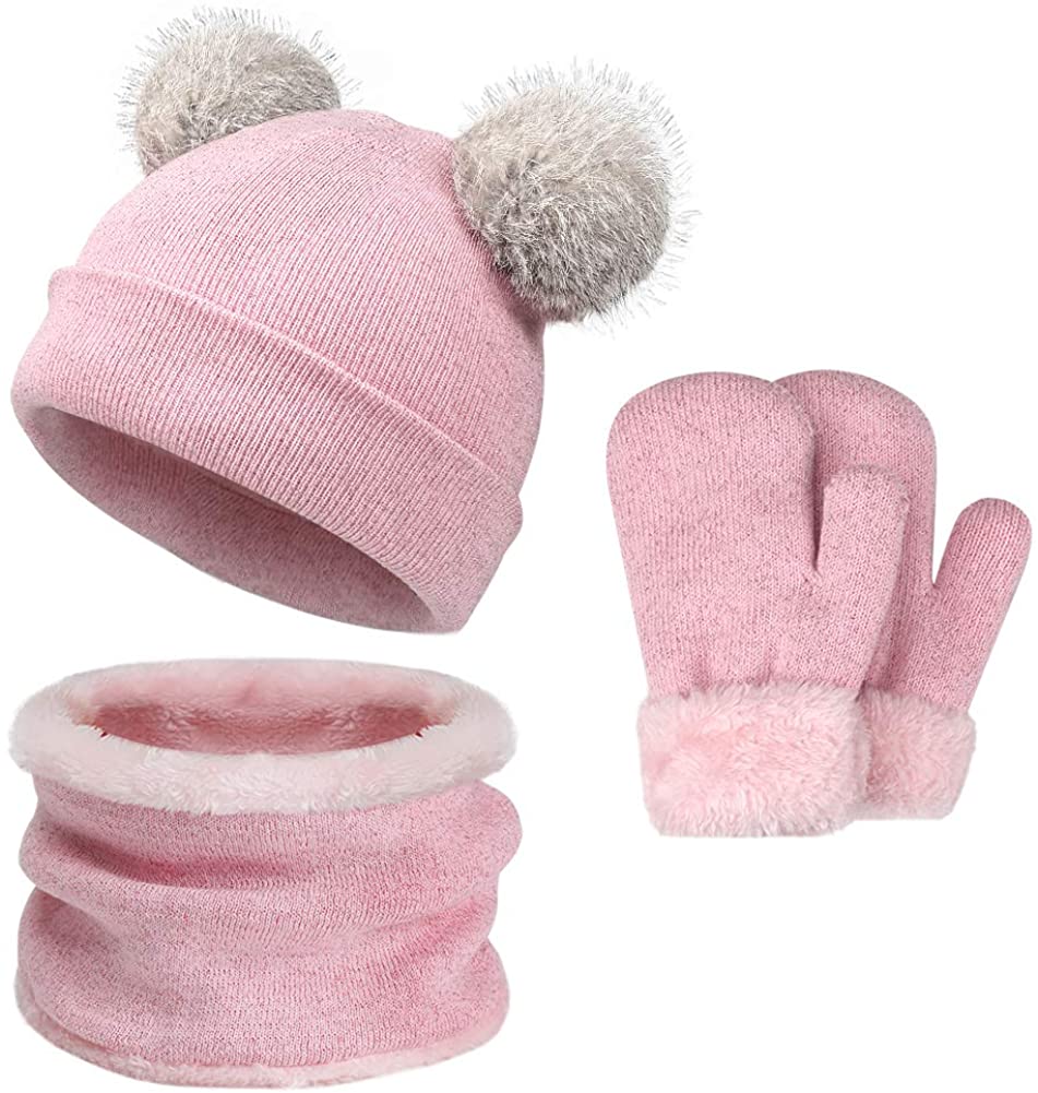Windfall Baby Toddler Kids Girls Hats and Gloves Set Winter Knit Beanie Warm Fleece Cap 3-6T