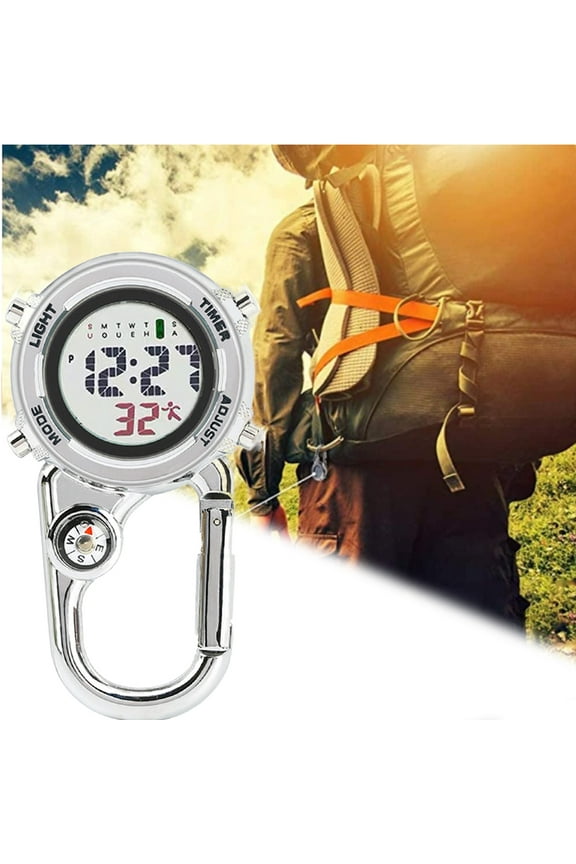 Clip on Digital Watch Backpack Anti-oxidation Shockproof Pocket Carabiner Watch Glow in Dark Unisex Pocket Watch with Compass Alarm Clock Date Week Gift for Doctors Nurses Outdoor Sports