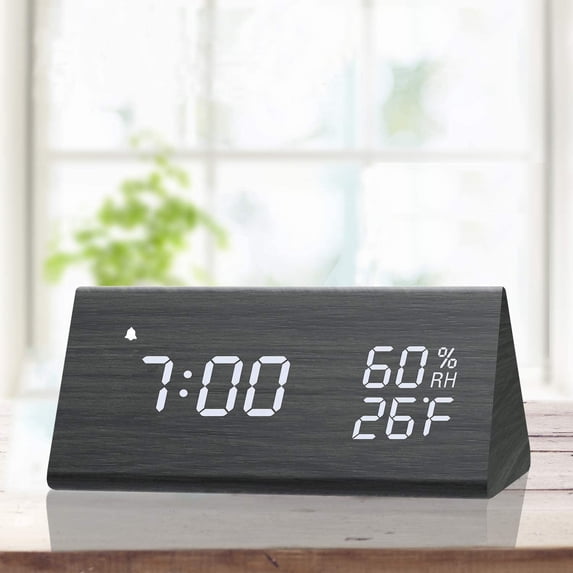 Windfall Digital Alarm Clock with Wooden Electronic LED Time Display 3 Alarm Settings Humidity Temperature Detect Wood Made Electric Clocks for Bedroom Bedside