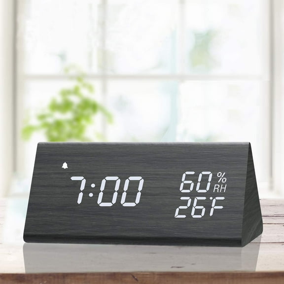 Windfall Digital Alarm Clock with Wooden Electronic LED Time Display 3 Alarm Settings Humidity Temperature Detect Wood Made Electric Clocks for Bedroom Bedside