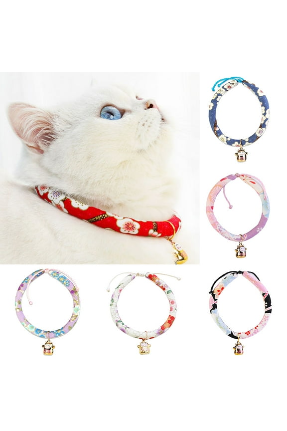 Windfall Japanese Chirimen Kitten Collar with Bell Japanese Kimono Cat Collar Japanese Style Adjustable Cat Collar with Fortune for Kitten Puppy Pet