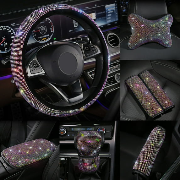 Windfall Luxury Rhinestones Crystal Colorful Car Seat Belt Cover Pad Steering Wheel Cover Auto Interior Accessories