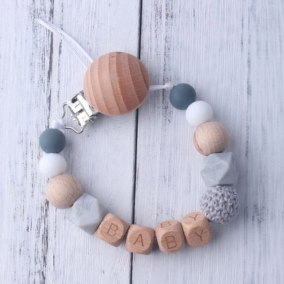 Windfall Pacifier Clip Girls, Silicone Teether Beads Binky Holder Teething Relief BPA Free for Baby, Silicone Wooden Baby Pacifier Clip Chain Beads Teether Nipple Soother Holder