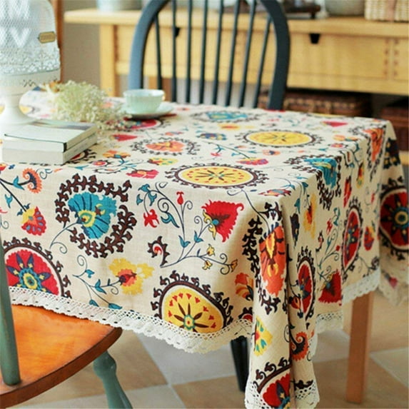 Windfall Retro Sunflower Pattern Decorative Macrame Lace Tablecloth Heavy Weight Cotton Linen Fabric Decorative Table Cloth Cover Lace Cotton Linen Fabric Tablecloth Table Cover Decor