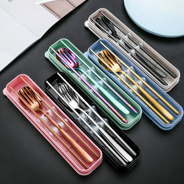 Reusable Utensils with Case, Travel Portable Fork Spoon Chopsticks Set with Organizer Stainless Steel Flatware Utensils to Go with Platic Case for