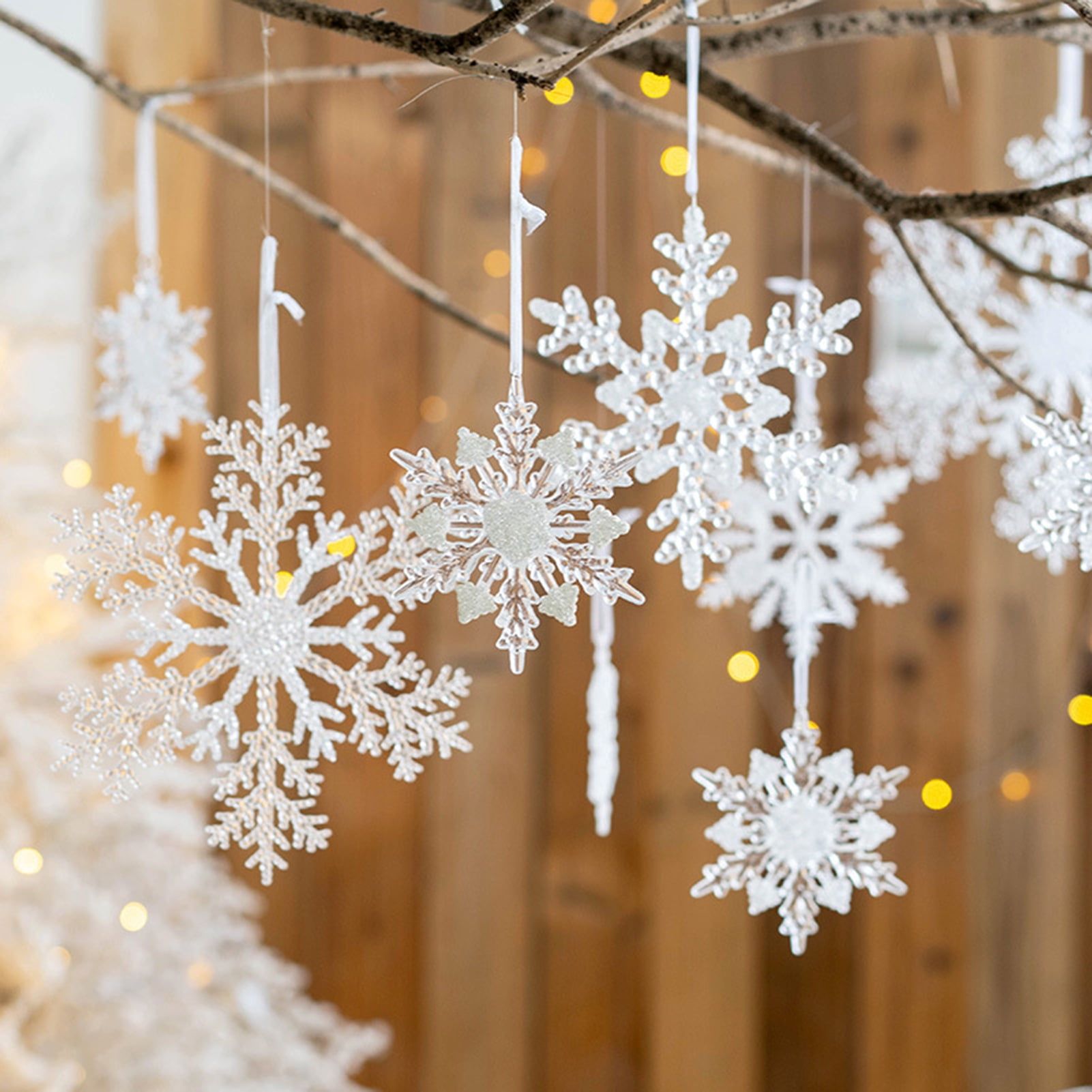 TLA288B / Large White and Natural Wooden Snowflakes | 39956 | Christmas /  Hanging Decorations | Rosefields
