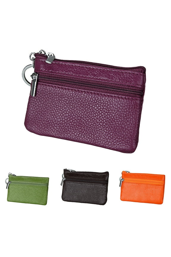 Women Genuine Leather RFID Blocking Mini Wallet Key Ring Zip Coin Purse