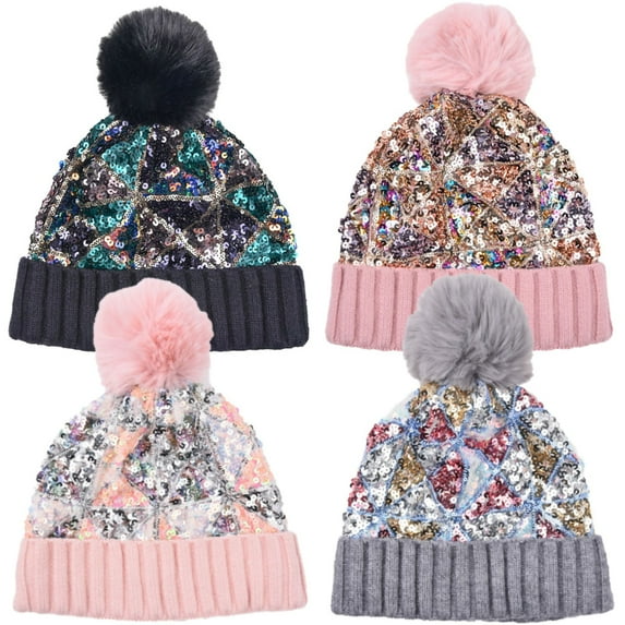 Windfall Women Sequin Knitted Beanie Hat with Pom-Pom Shiny Bling Skull Cap