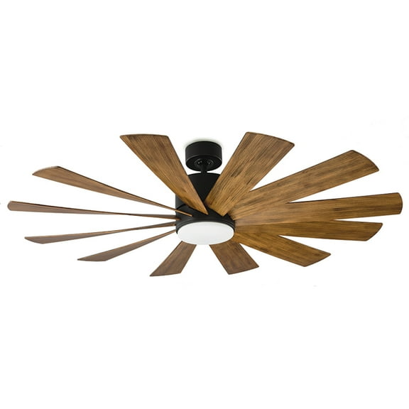 Windflower Indoor and Outdoor 12-Blade Smart Ceiling Fan 60in Matte Black Distressed Koa with 3000K LED Light Kit and Wall Control