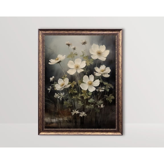 Windflowers, Dark Cottagecore Print, Moody Flower Wall Art, Floral Vintage, Dark Academia Decor Wildflower Botanical Poster, Stretched Canvas Size 12x18