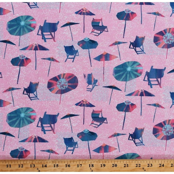 Windham Fabrics Beach Umbrellas Chairs Summer Vacation Tropical Pink Sunnyside 100% Cotton Fabric sold by the yard