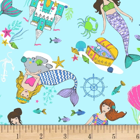 Windham Fabrics One of A Kind Mermaid Castle Sea Creatures Multi in Blue 100% Cotton Fabric sold by the yard