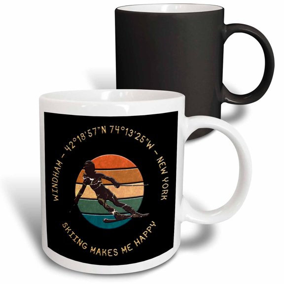 3drose, Windham, New York. Woman Skier. Yellow, Black. Downhill Skiing Gift, 11oz Magic Transforming Mug
