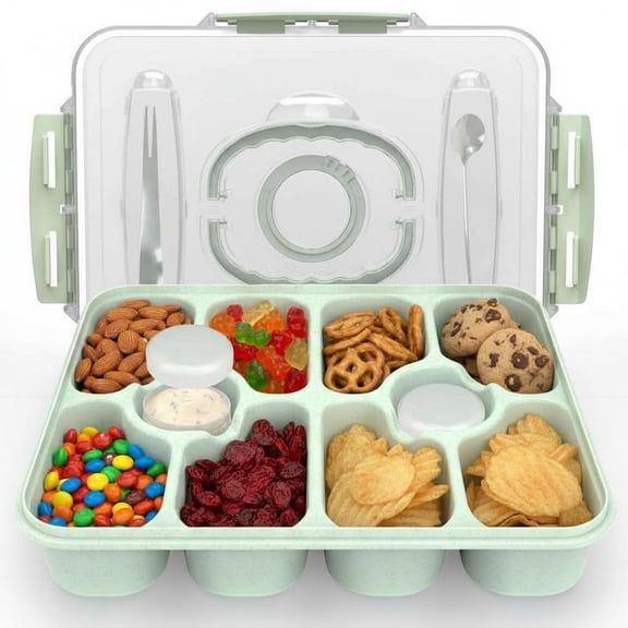 Windiluna Dishwasher Safe Snackle Box Container, Snack Divided Serving Tray with Lid, Portable Snack Organizer with Date Marker, 2 Dressing Containers, Fork and Spoon, Green