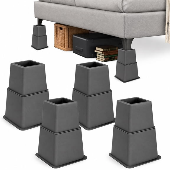 Windiluna Heavy Duty Adjustable 8 Inch Furniture Risers Set of 4 Supports Up to 1,300 lbs for Under-Bed Storage with 3 5 and 8 Inch Elevation Heights, Grey