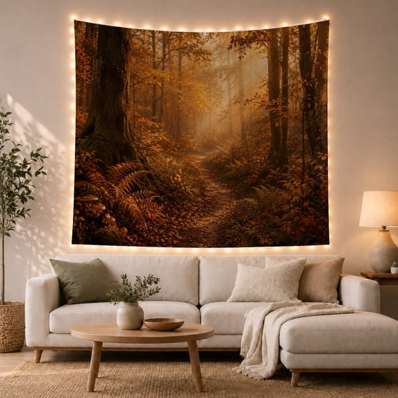 Winding Autumn Path with Golden Leaves in Misty Forest, Serene Watercolor for Nature Lovers, Cozy Woodland Wall Art Thanksgiving Gift Tapestry Wall Hanging for Bedroom and Living Room