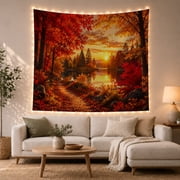 Winding Autumn Trail by a Reflective Lake in Golden Hour Light, Serene Rustic for Nature Lovers, Scenic Forest Wall Art, Housewarming Gift, Tapestry Wall Hanging for Living Room and Bedroom