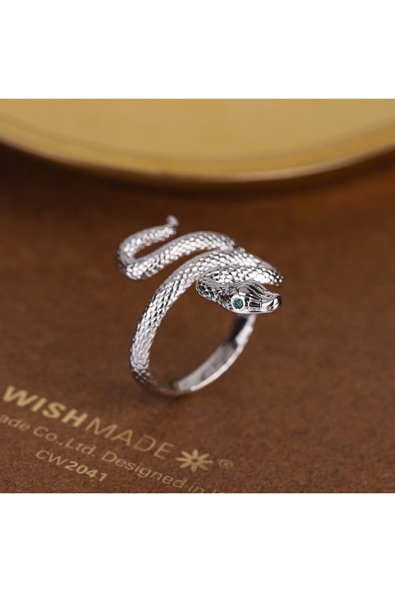 Winding Diamond Green Eye Snake Ring With Adjustable Copper Band And Zircon Accents Electroplated In White Gold