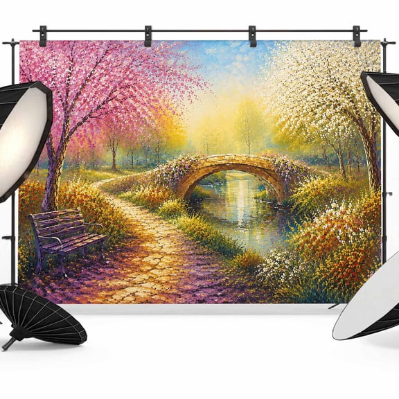 Winding Path Backdrops for Photography, Dreamy Cherry Blossom Tree Park Bench Bridge Fabric Photo Background Sturdy Studio Props for Photo Studio, Video Recording, Booth & Photoshoot 10x8ft