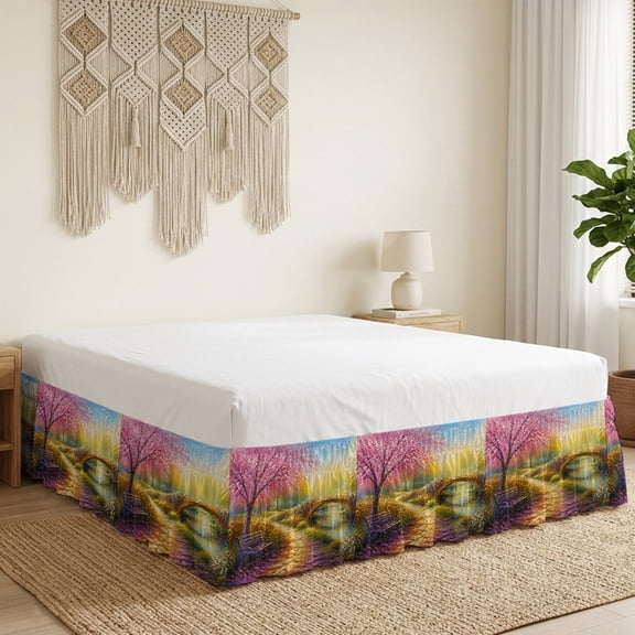 Winding Path Bed Skirt Bed Skirts Queen Size 18 Inch Drop, Dreamy Cherry Blossom Tree Park Bench Bridge Wrap Around Dust Ruffle Bedskirt with Adjustable Elastic Belt for Queen Size Beds