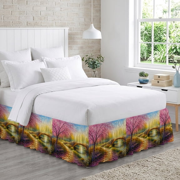 Winding Path Bed Skirt King Size 18 Inch Drop, Dreamy Cherry Blossom Tree Park Bench Bridge Adjustable Elastic Dust Ruffles Bedskirt for King Bed Wrap Around Pleated Mattress Frame Cover