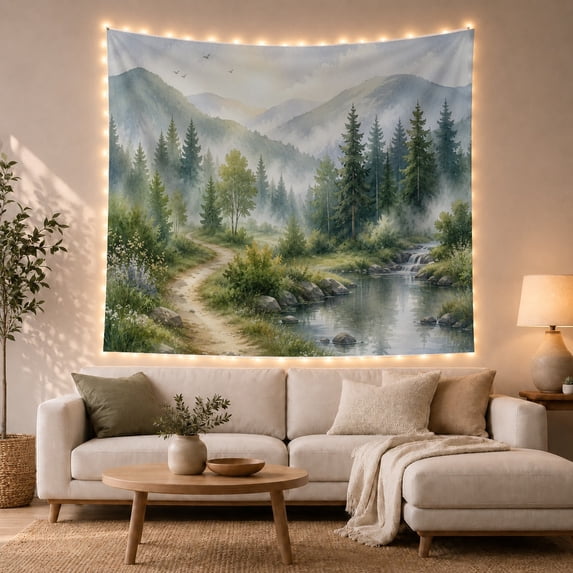 Winding Path Beside a Misty Forest River, Calming Watercolor for Nature Lovers, Scenic Landscape Art, Housewarming Gift, Tapestry Wall Hanging for Bedroom and Study Room