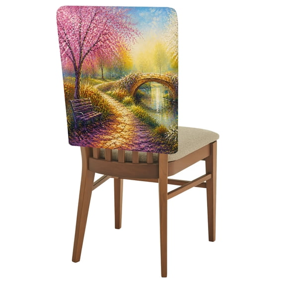 Winding Path Chair Back Covers Set of 1 Dreamy Cherry Blossom Tree Park Bench Bridge Removable Dining Chair Slipcovers Washable Seat Protector for Restaurant Party Banquet Kichen Decor