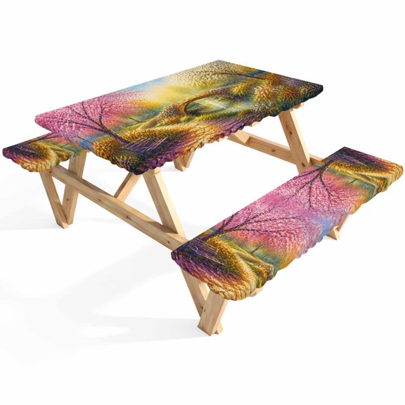 Winding Path Picnic Table Cover with Bench Covers Dreamy Cherry Blossom Tree Park Bench Bridge Waterproof Fitted Picnic Tablecloth 3 Pieces Set Table Cloth for Outdoor Camping Garden BBQ
