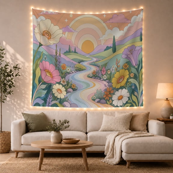 Winding River With Rainbow Arches Dreamy Illustration for Boho Lovers Pastel Landscape Art Decor Birthday Gift Tapestry Wall Hanging for Bedroom and Living Room