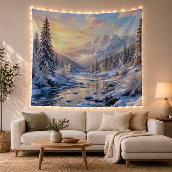 Winding River with Snowy Evergreens and Mountain Sunset, Serene Watercolor for Nature Lovers, Tranquil Winter Landscape Art, Housewarming Gift, Tapestry Wall Hanging for Bedroom and Living Room