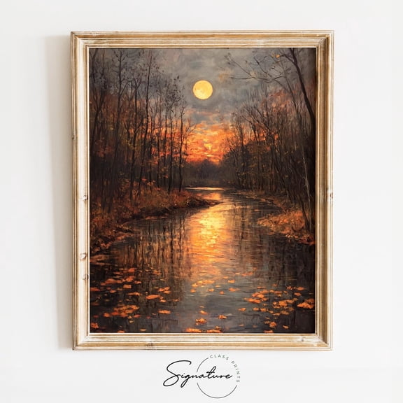Winding River with Full Moon Poster, Moody Autumn Nightscape, Fall Reflection Wall Art, Rustic Cottagecore Decor, 1393 Unframed Paper Print