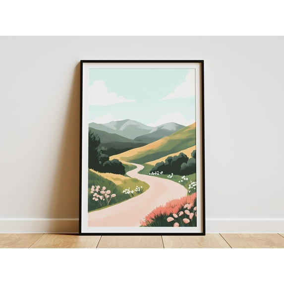 Winding Road Through Green Hills Landscape Art Print Nature Wall Decor Road Trip Poster Travel Print Modern Minimalist Home Decor Pink - Poster Unframed