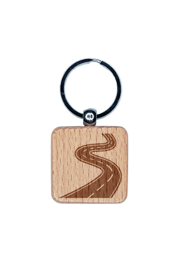 Winding Road Square Keychain Charm Tag - Engraved Wood